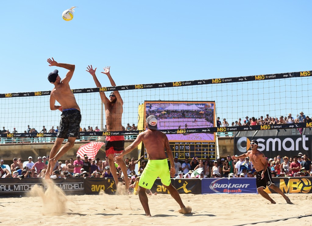 Phil Dalhausser hitting at the 2014 AVP Manhattan Beach Championship Match